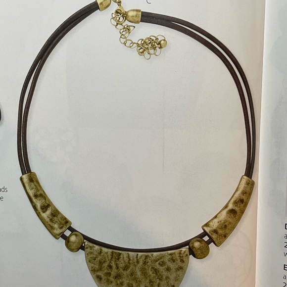 NWT Artisan necklace with leather cord and antique brass metal accents 16 - 20” - Picture 2 of 3